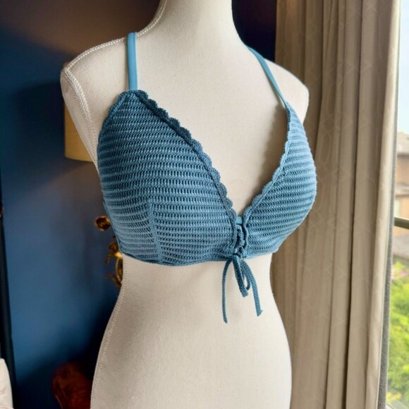Push Up Crochet Dusty Blue Halter Bikini Top - Picture 3 of 7
